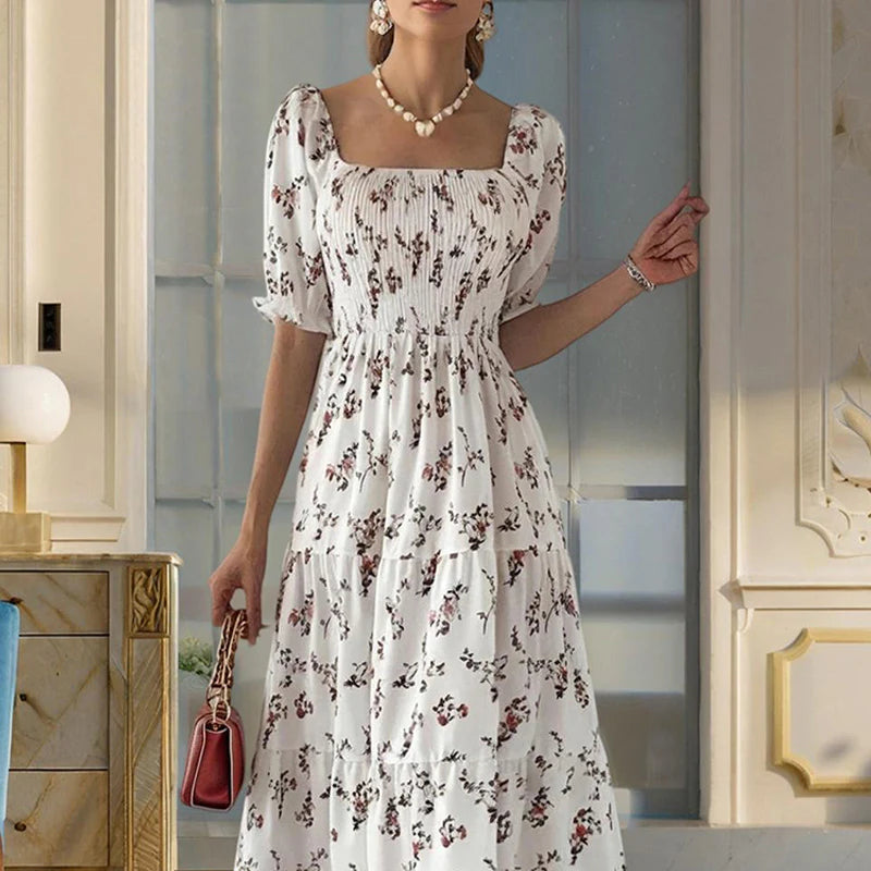 Women Square Neck Short Sleeve A-Line Floral Print Dress Ruffled Sleeves Bust Smocked Elastic Boho Summer Vacation Dress
