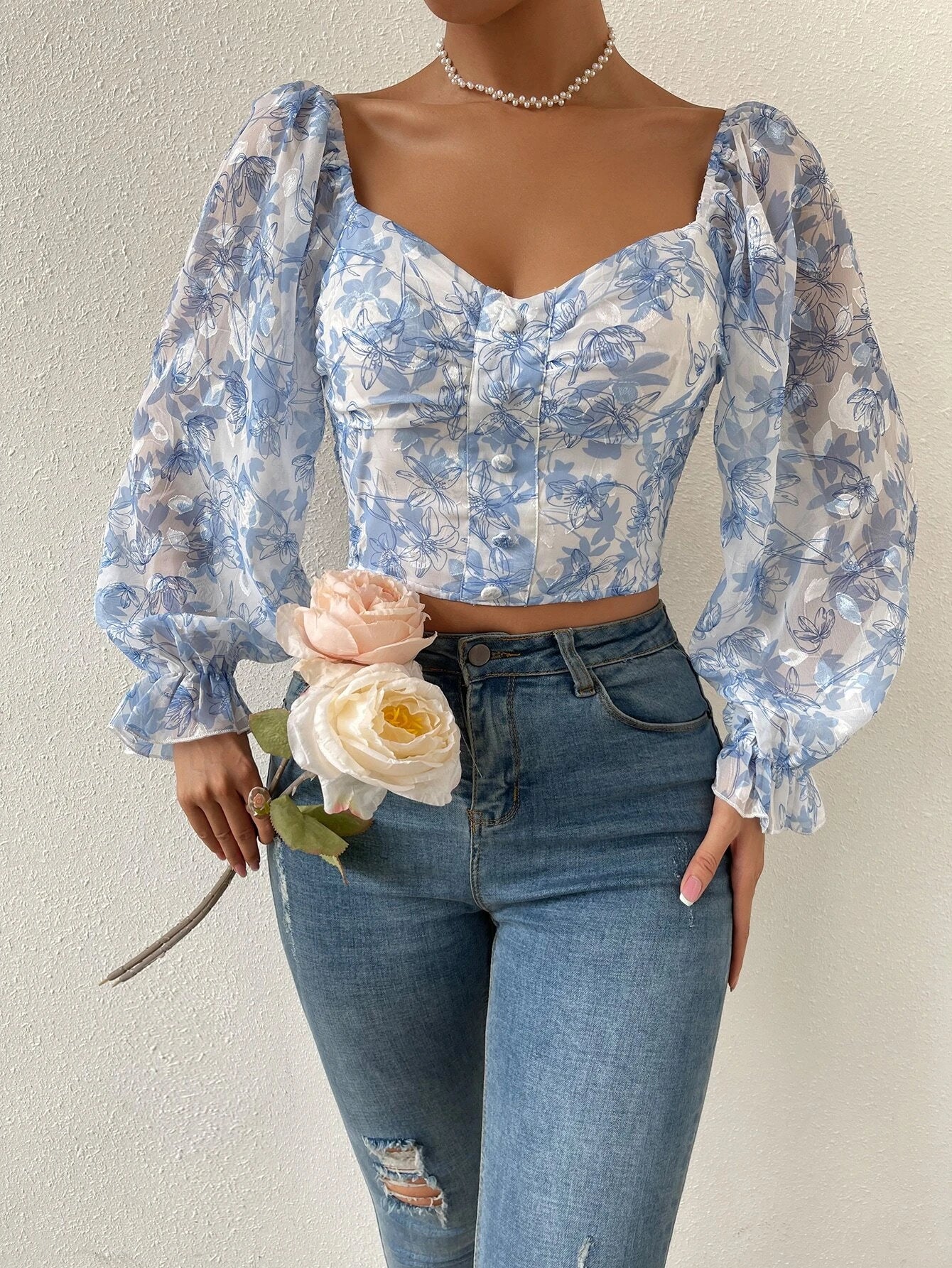 Chiquease Floral Print Flounce Sleeve Ruched Chiffon Blouse,Long Sleeve Tops