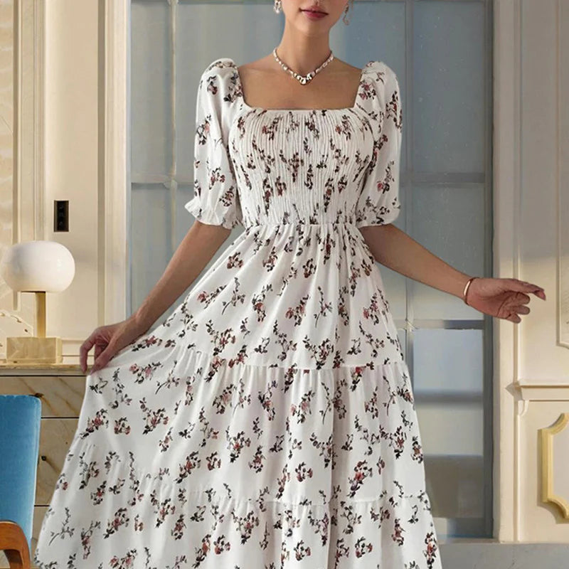 Women Square Neck Short Sleeve A-Line Floral Print Dress Ruffled Sleeves Bust Smocked Elastic Boho Summer Vacation Dress