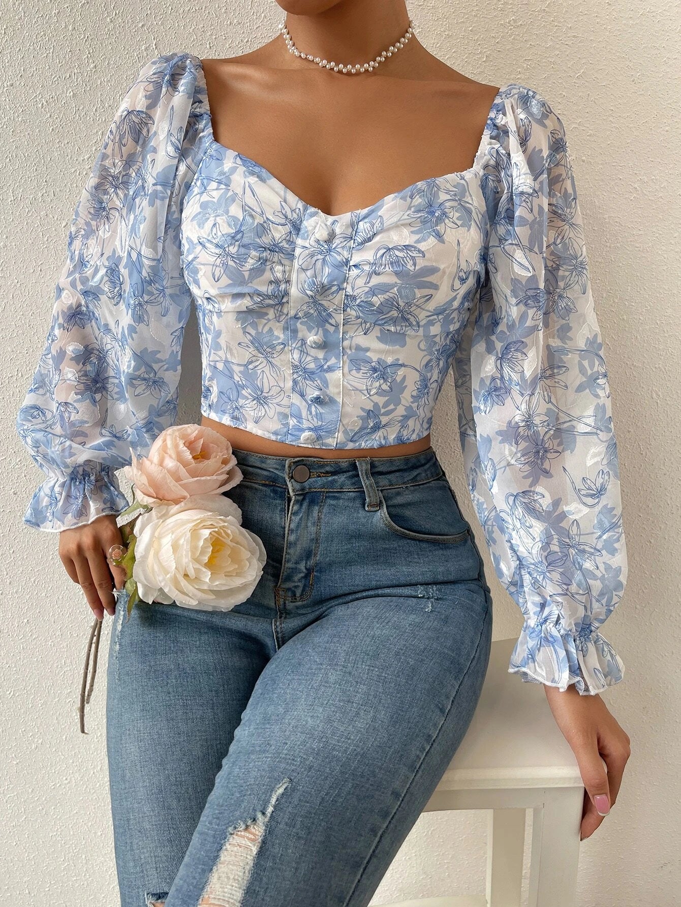 Chiquease Floral Print Flounce Sleeve Ruched Chiffon Blouse,Long Sleeve Tops