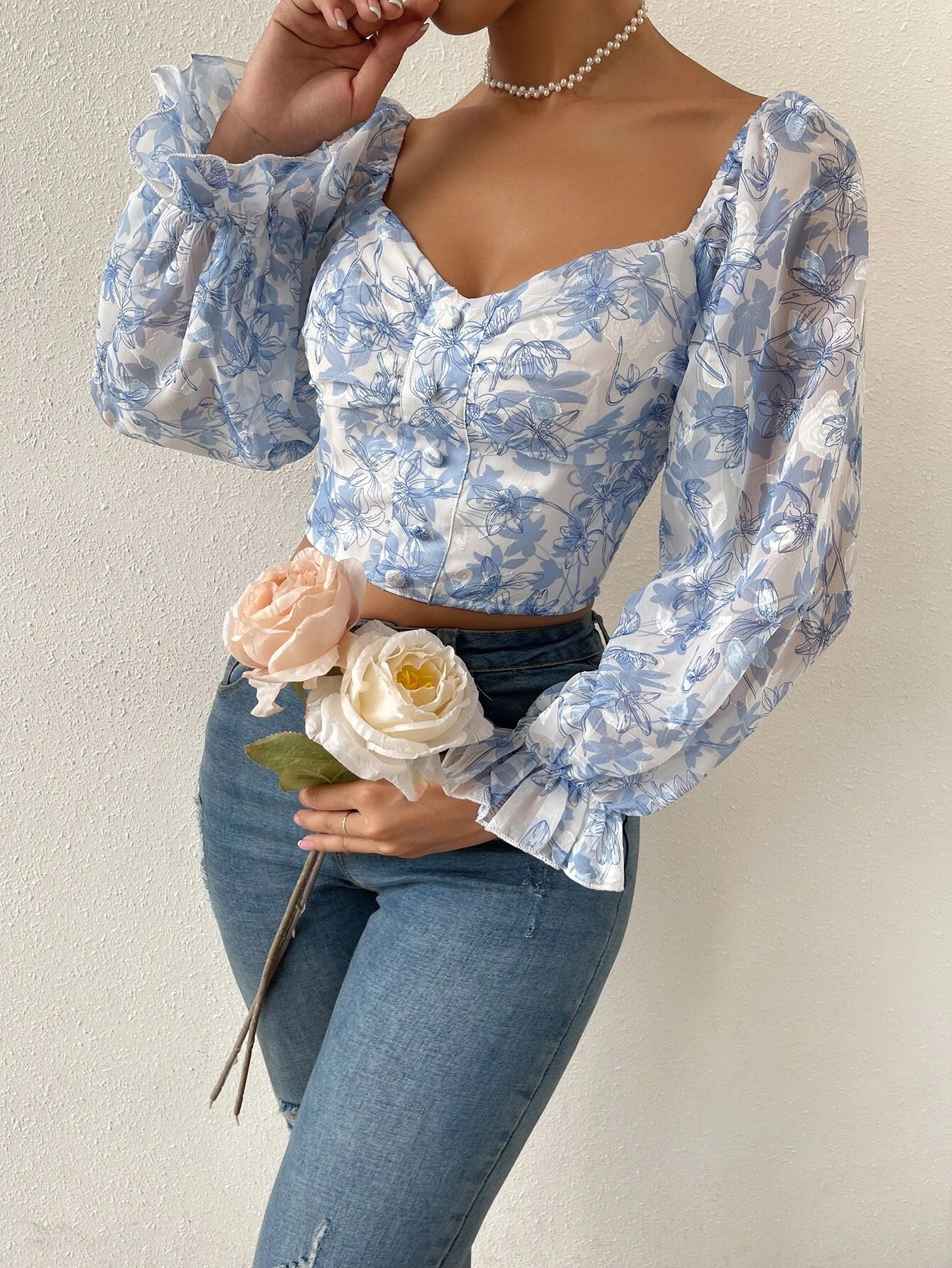 Chiquease Floral Print Flounce Sleeve Ruched Chiffon Blouse,Long Sleeve Tops