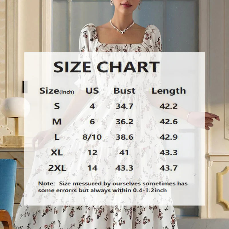 Women Square Neck Short Sleeve A-Line Floral Print Dress Ruffled Sleeves Bust Smocked Elastic Boho Summer Vacation Dress
