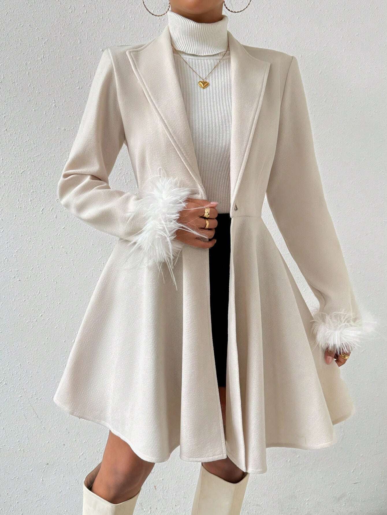 Rosydaze Solid Color Overcoat with Fringed Cuff and Single Button Closure