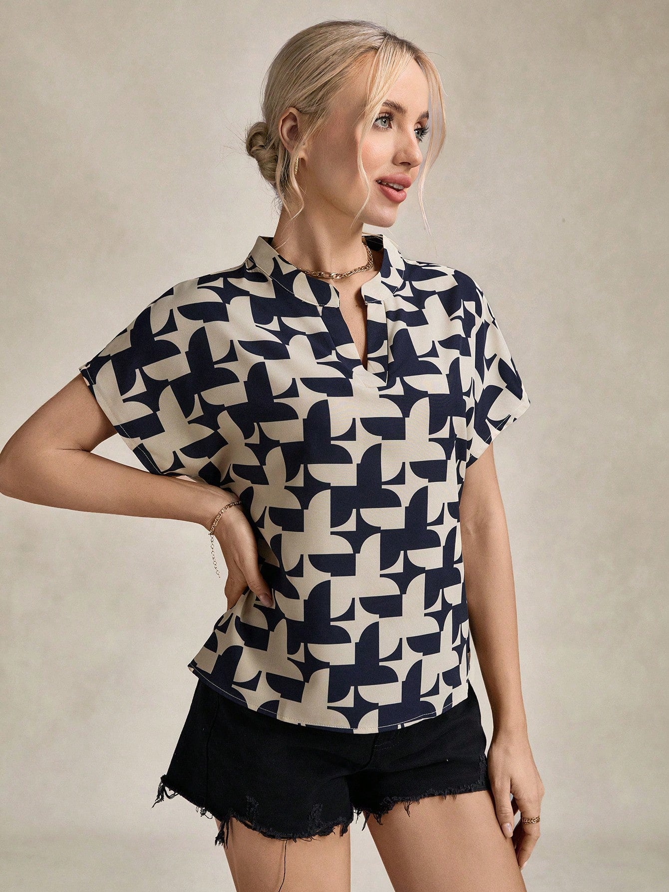 LUNE Women'S Short Sleeve Stand Collar Teacher Work Shirt, Summer