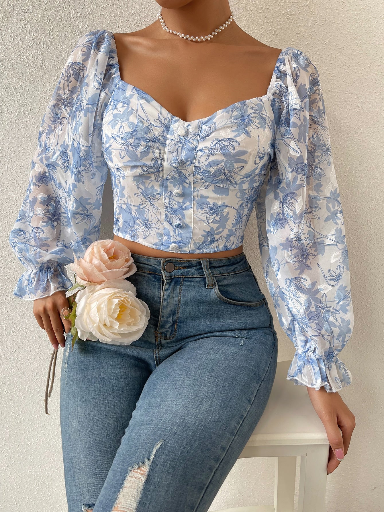 Chiquease Floral Print Flounce Sleeve Ruched Chiffon Blouse,Long Sleeve Tops