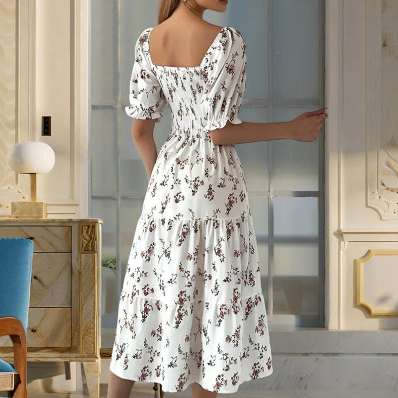 Women Square Neck Short Sleeve A-Line Floral Print Dress Ruffled Sleeves Bust Smocked Elastic Boho Summer Vacation Dress