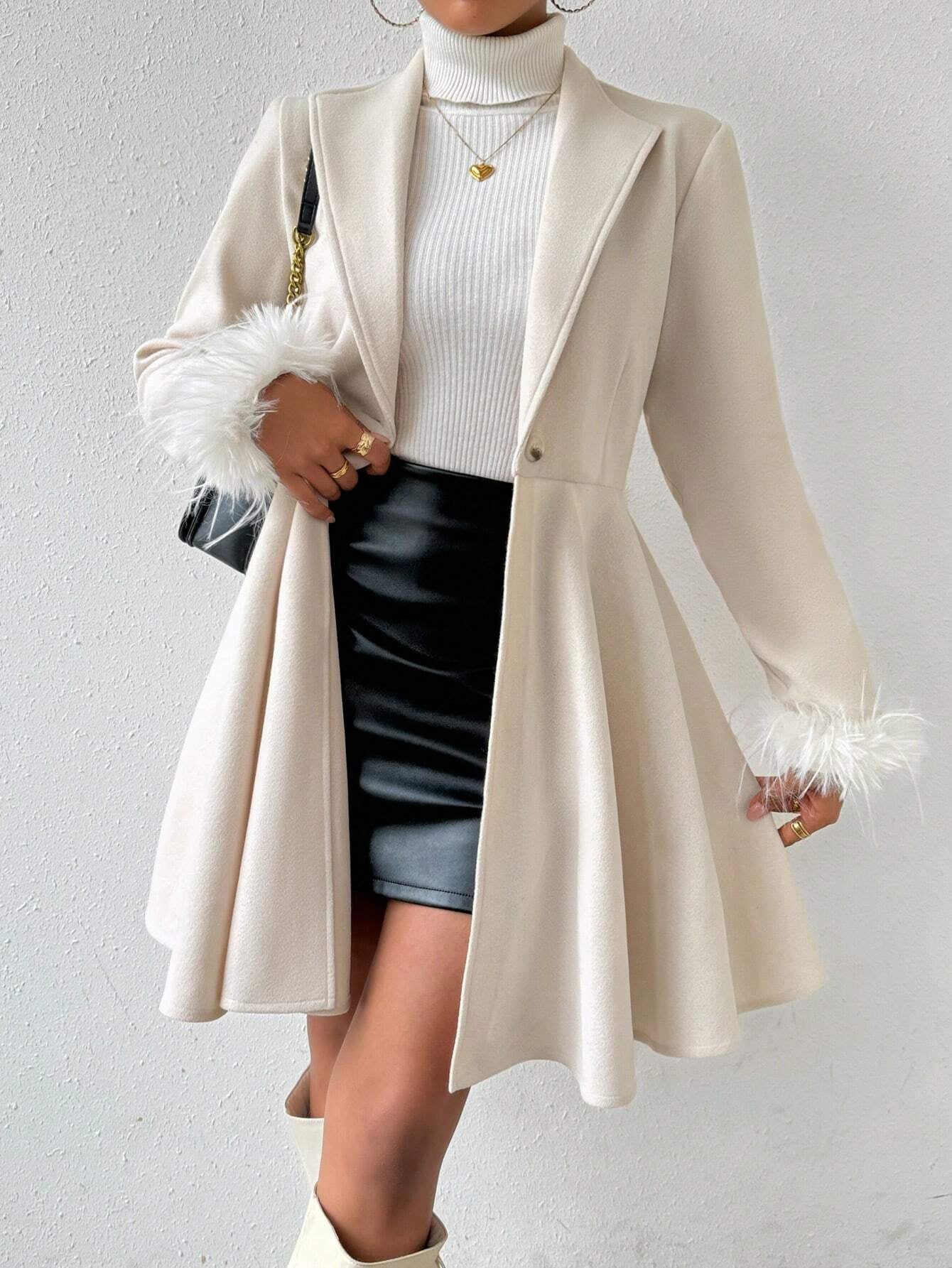 Rosydaze Solid Color Overcoat with Fringed Cuff and Single Button Closure