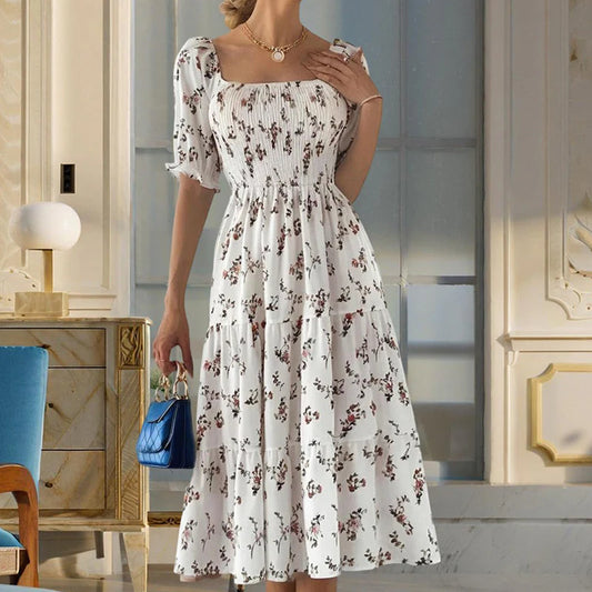 Women Square Neck Short Sleeve A-Line Floral Print Dress Ruffled Sleeves Bust Smocked Elastic Boho Summer Vacation Dress