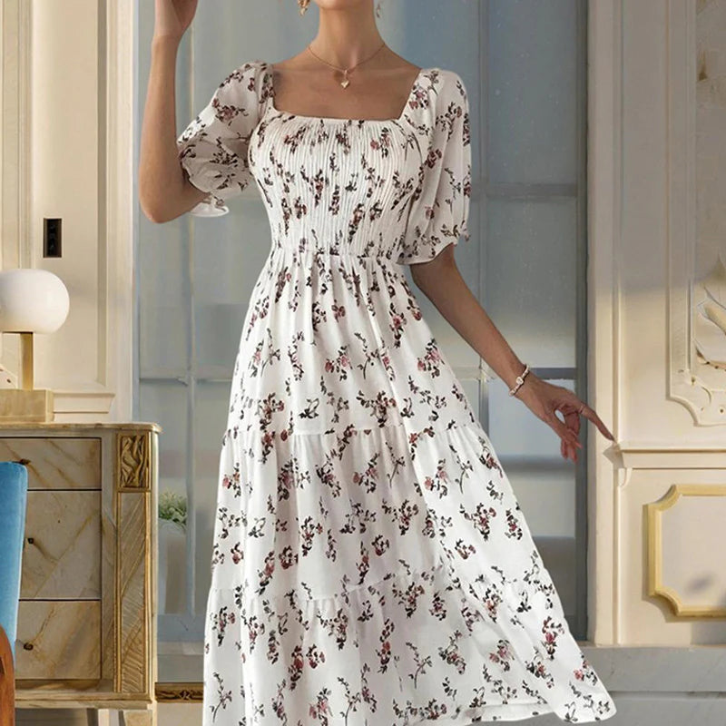 Women Square Neck Short Sleeve A-Line Floral Print Dress Ruffled Sleeves Bust Smocked Elastic Boho Summer Vacation Dress