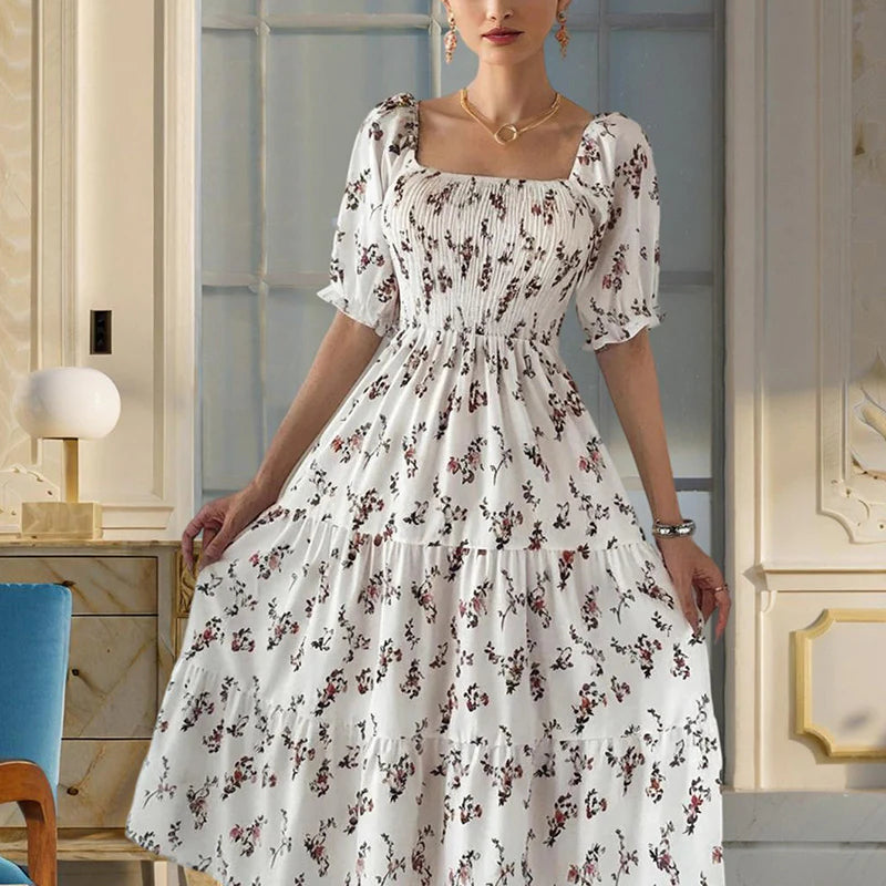 Women Square Neck Short Sleeve A-Line Floral Print Dress Ruffled Sleeves Bust Smocked Elastic Boho Summer Vacation Dress