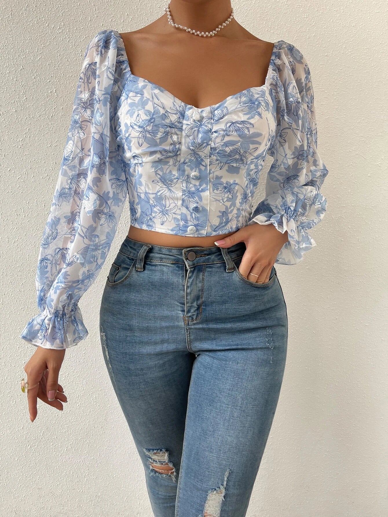 Chiquease Floral Print Flounce Sleeve Ruched Chiffon Blouse,Long Sleeve Tops