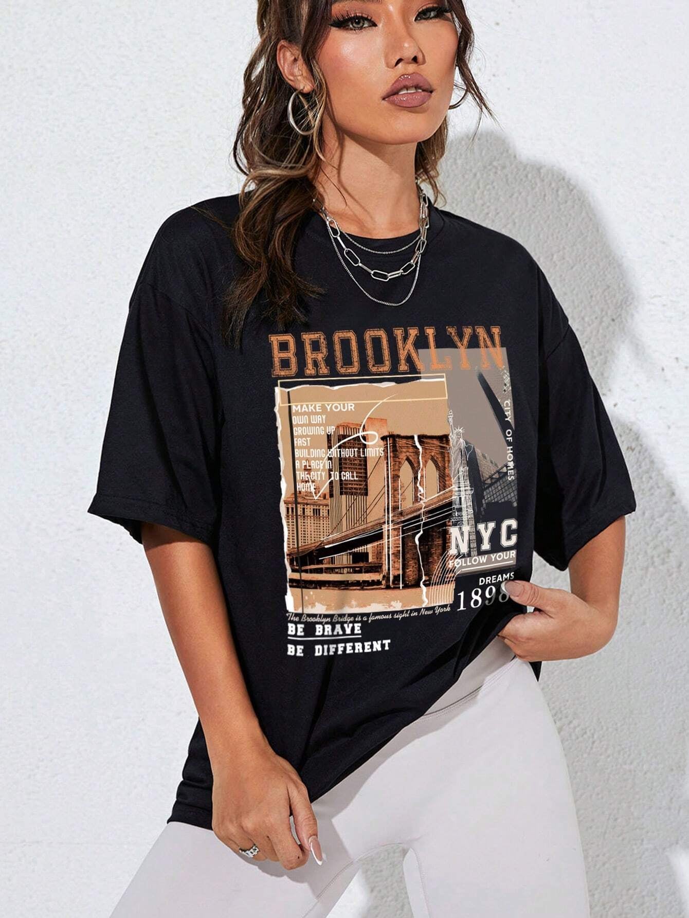INAWLY Women's Oversized Drop-Shoulder Tee – Urban NYC Street Design with Motivational Slogans