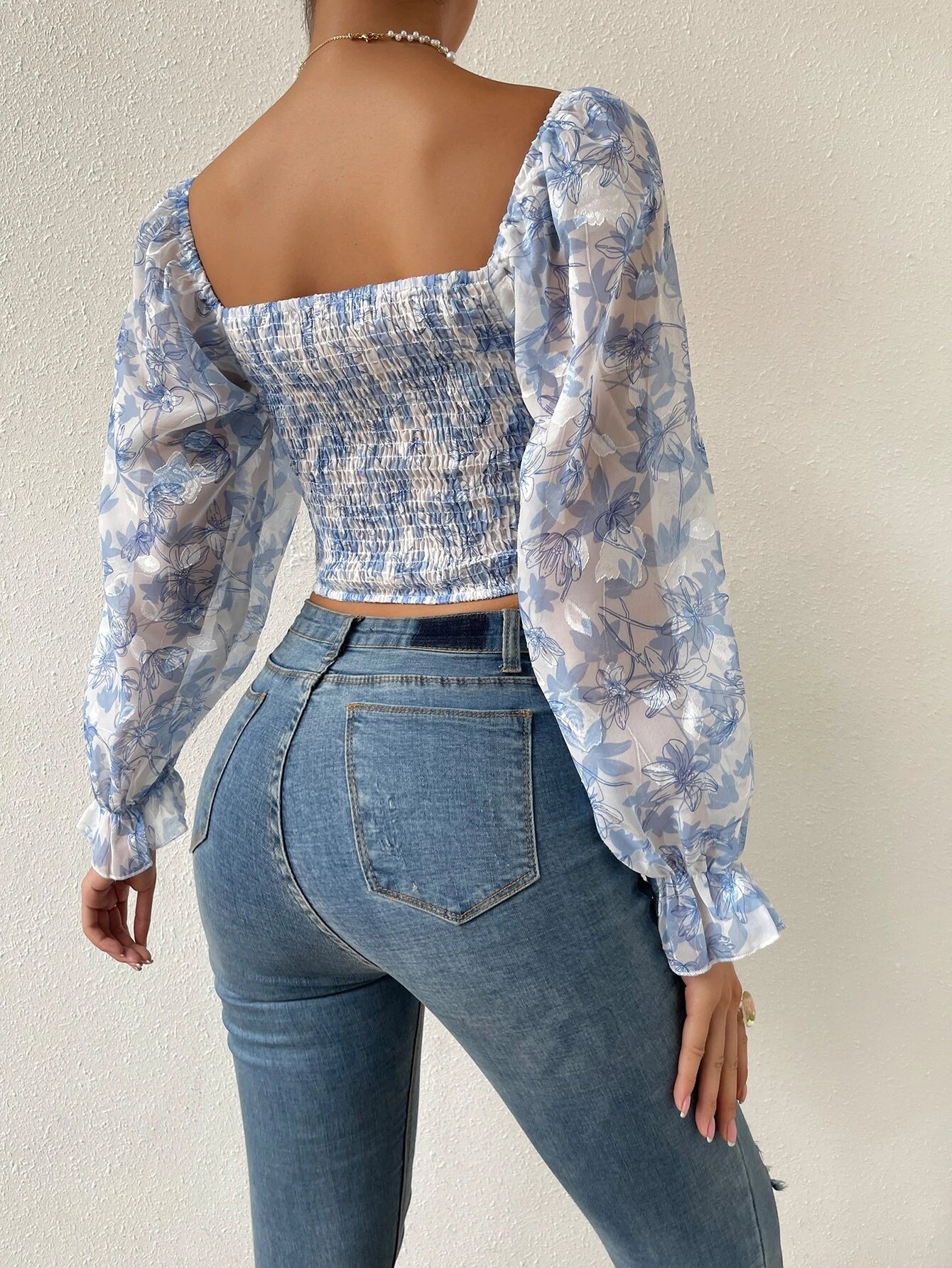 Chiquease Floral Print Flounce Sleeve Ruched Chiffon Blouse,Long Sleeve Tops